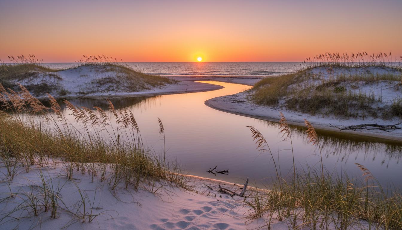 Coastal dune lake at sunset